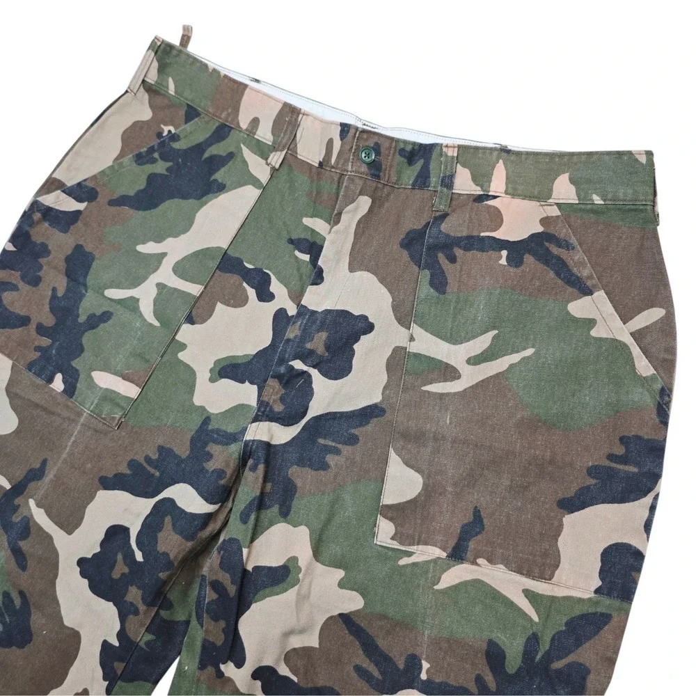 Mens Vintage Woodland Camo Utility Pants Straight Leg Cargo Trousers 39x28